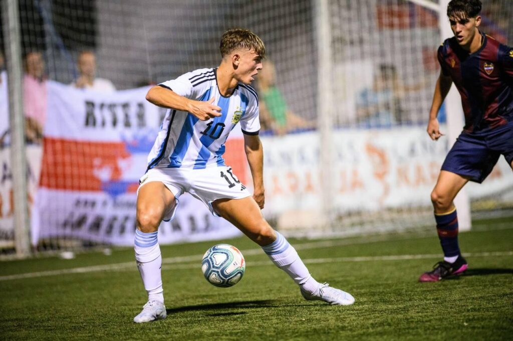 Real Madrid's Spanish-Argentine player Nico Paz during a match of the Argentina National Team in the COTIF 2022 tournament, Alcudia, Valencia, Spain