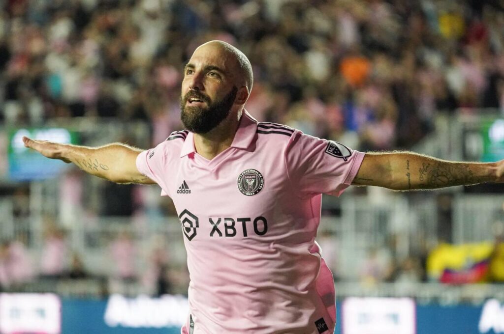 Fort Lauderdale, Florida, USA, October 5, 2022, Inter Miami attacker Gonzalo Higuaín #10 celebrate after scoring against Orlando City at Drive Pink Stadium. (Photo Credit: Marty Jean-Louis)